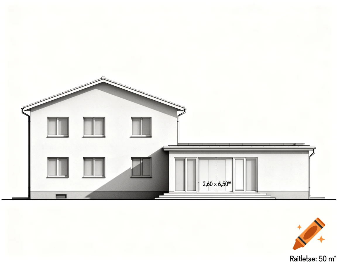 A black and white architectural drawing showing the rear view of a house with a main two-story section and a single-story annex with large windows and dimensions.