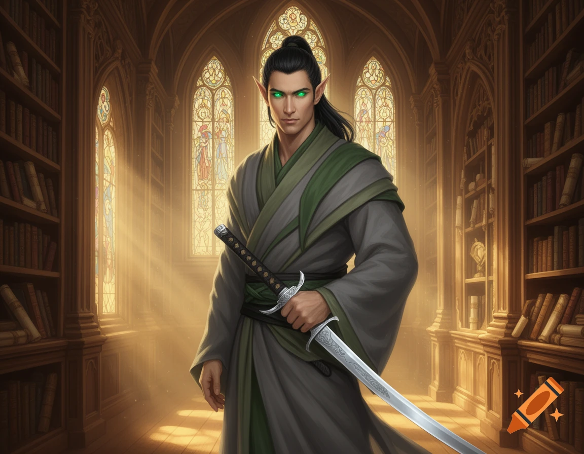 A male elf with green eyes and dark ponytail, wearing grey and green robes, holds a silver katana in a library with stained glass windows.