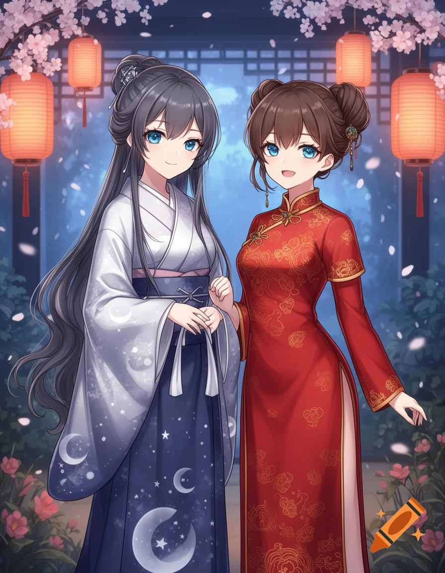 Two anime women with blue eyes, one in a moon-patterned kimono and the other in a red cheongsam, stand in a garden with cherry blossoms and lanterns.