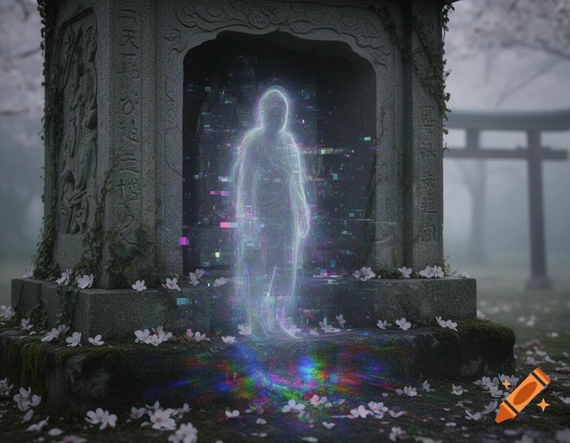 A glitched, glowing ghost stands in a niche of an old Japanese stone monument covered in moss and cherry blossoms, in a misty setting.