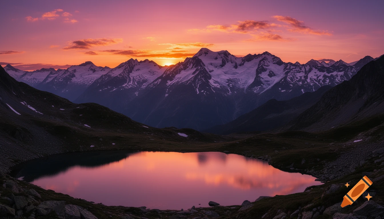 A stunning sunset bathes snow-capped mountains and a tranquil lake in vibrant pink and orange hues.