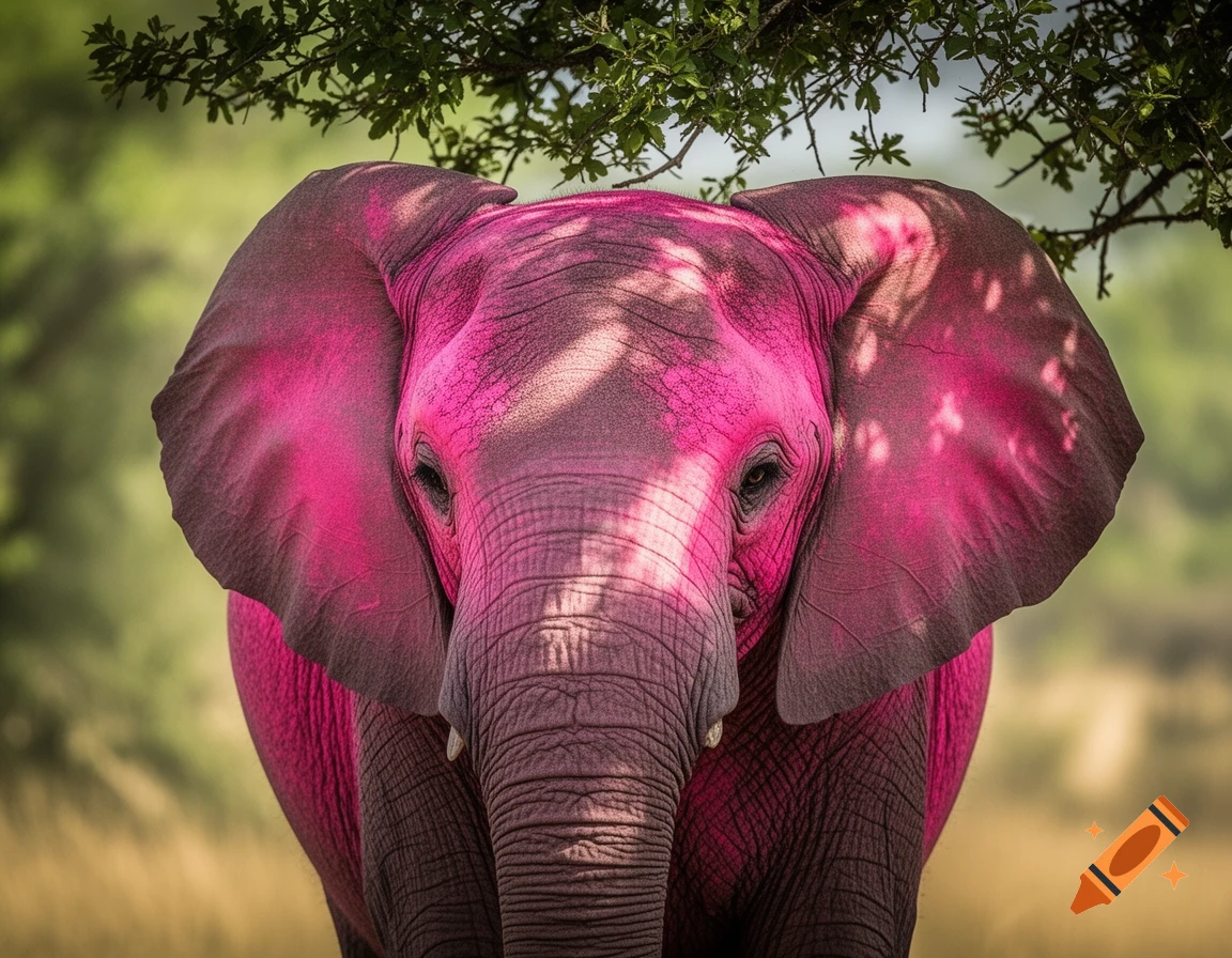 A close-up, photorealistic shot of a vibrant pink elephant looking directly at the viewer, partially shaded by green leaves.