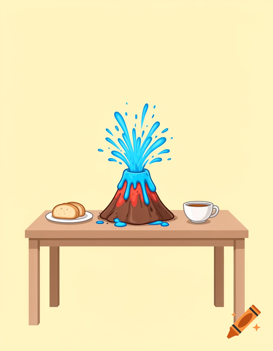 A humorous minimalist 2D cartoon illustration shows a brown volcano erupting blue liquid on a table with bread and a teacup.