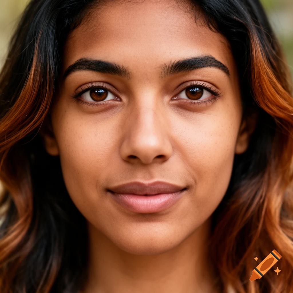 A close-up, photorealistic portrait of a young woman with dark hair and brown eyes, looking directly at the viewer.