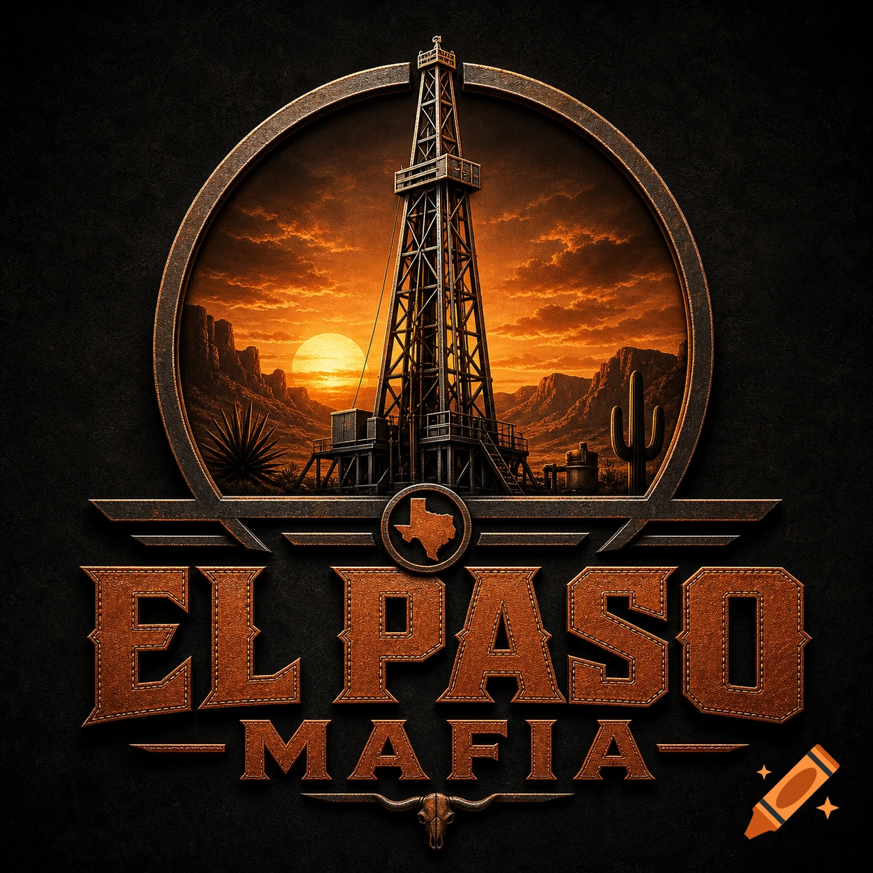 Stylized logo for 'El Paso Mafia' with an oil rig in a desert sunset, saguaro cactus, and a Texas outline on a dark background.