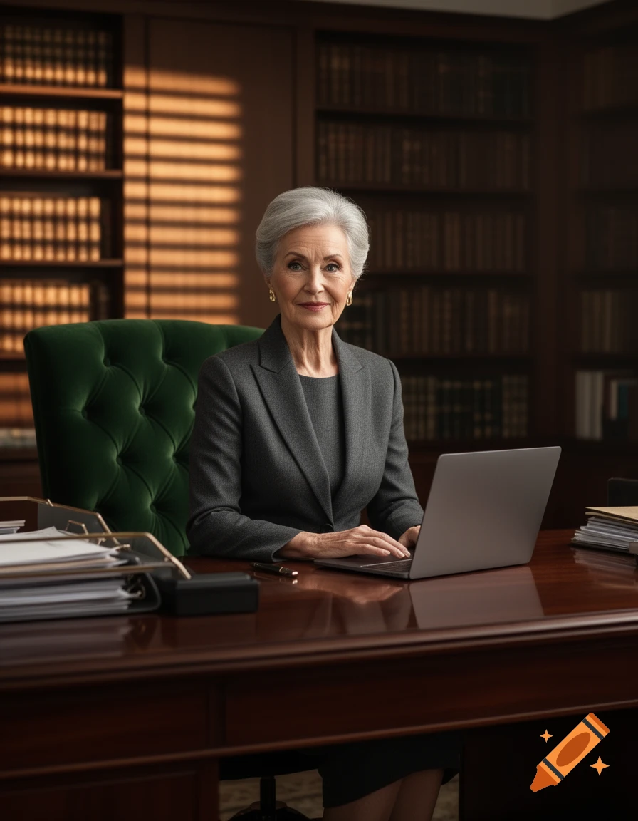 Elegant older woman with gray hair working on a laptop at a wooden desk in a library office.