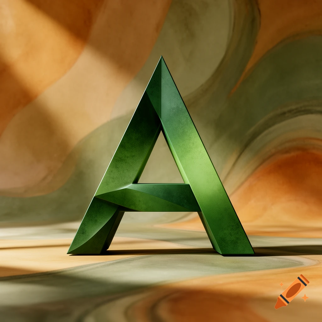 A large, stylized 3D green letter 'A' on an abstract background of earthy tones.