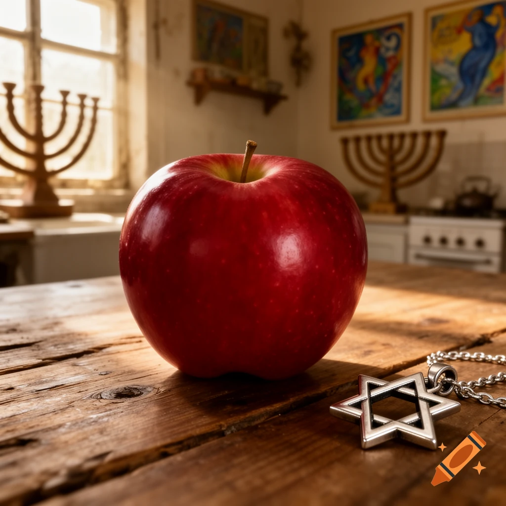 A photorealistic image of a red apple on a rustic wooden table next to a silver Star of David pendant. Two menorahs are in the background.