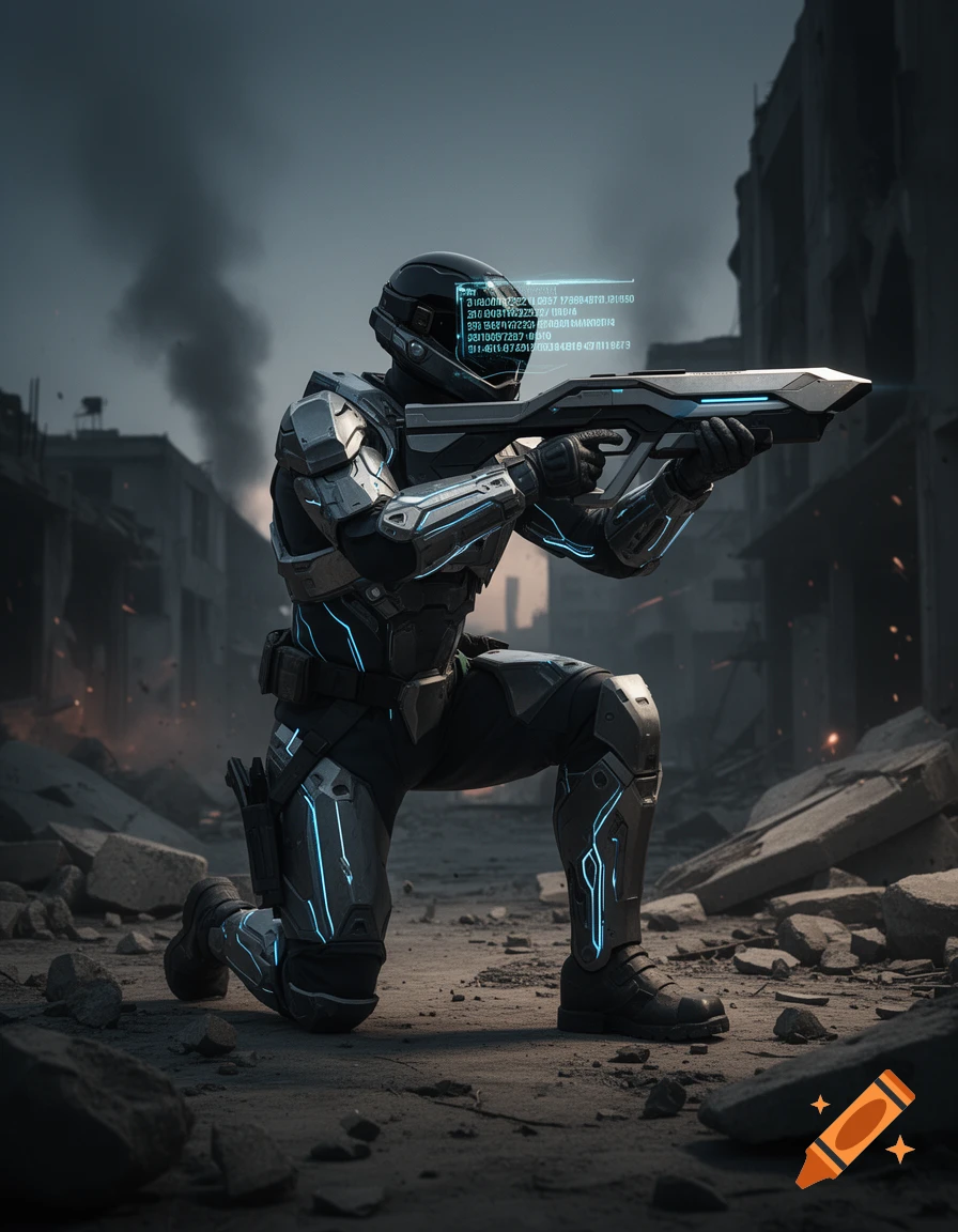 A futuristic soldier in black and blue glowing armor kneels with a rifle in a war-torn city, holographic display near head.