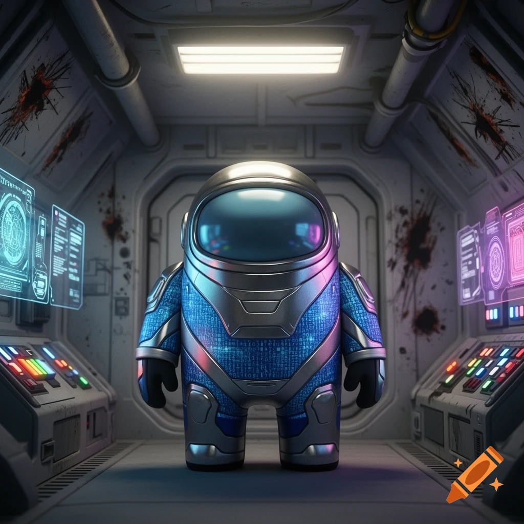 A stylized blue and silver astronaut character stands in a spaceship corridor with glowing screens and red splatters on the walls.
