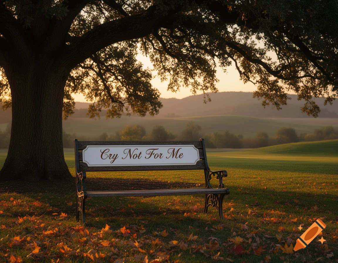 A park bench with a 'Cry Not For Me' plaque sits under a large tree at sunset, with fall leaves on the grass and rolling hills in the background.