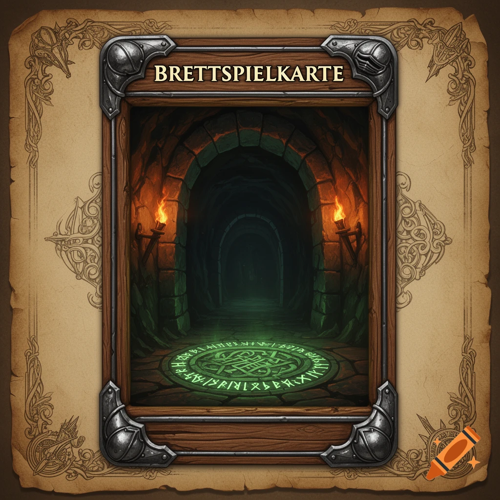A fantasy-style board game card featuring a dark dungeon entrance with torches and glowing runes on the floor. The card has a decorative metallic and wooden frame, set against an old parchment background with Celtic knot patterns.
