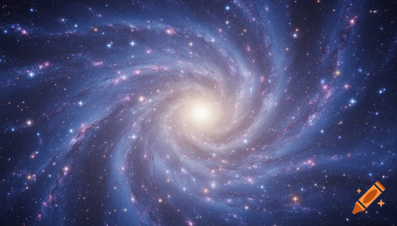 A vibrant spiral galaxy with a bright central core, glowing blue and purple arms, and countless stars in deep space.