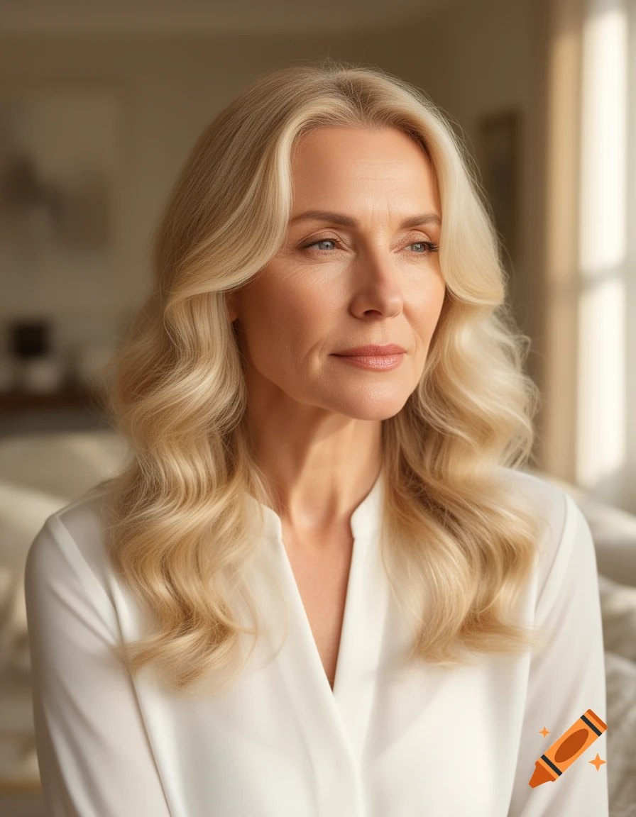 Photorealistic portrait of a blonde white woman in a white blouse, looking away from the camera.