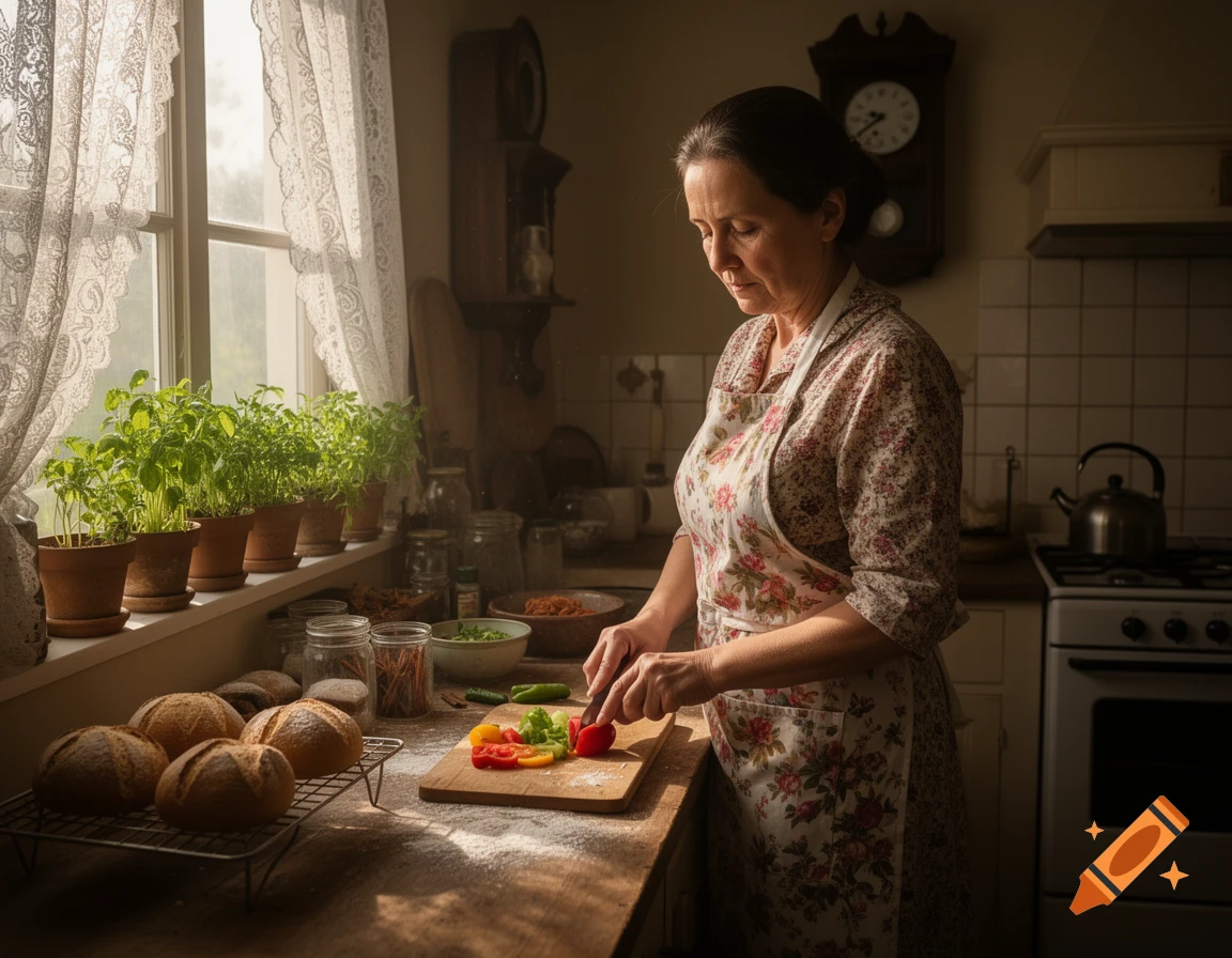 A woman in an apron chops vegetables in a rustic, sunlit kitchen with potted herbs and freshly baked bread.