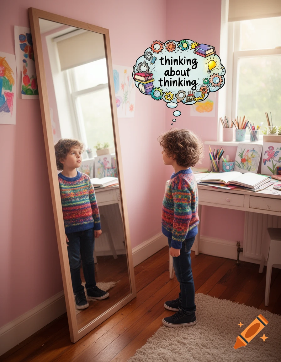 Young child with curly hair facing a mirror in a pink room, with a 'thinking about thinking' thought bubble.