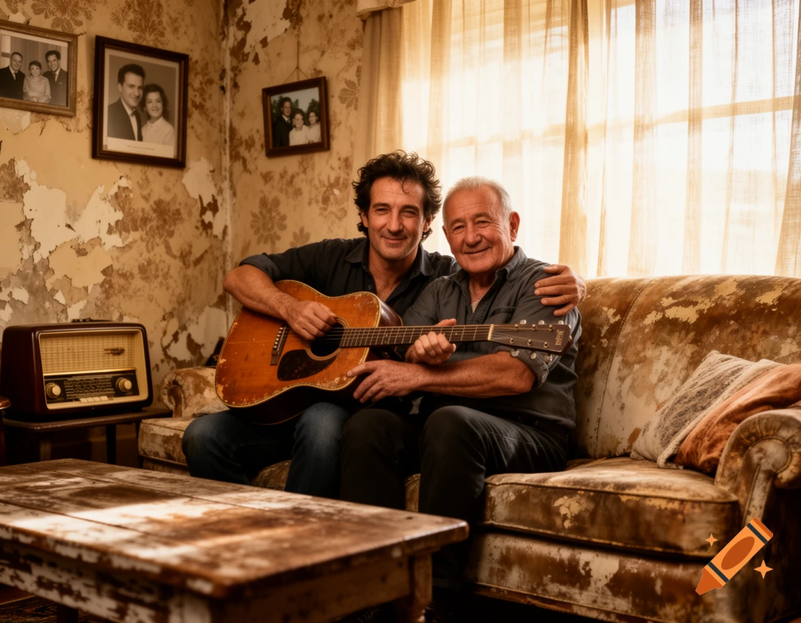 Two smiling men, one playing a guitar, sitting on a worn couch in a rustic living room with peeling wallpaper and vintage decor.