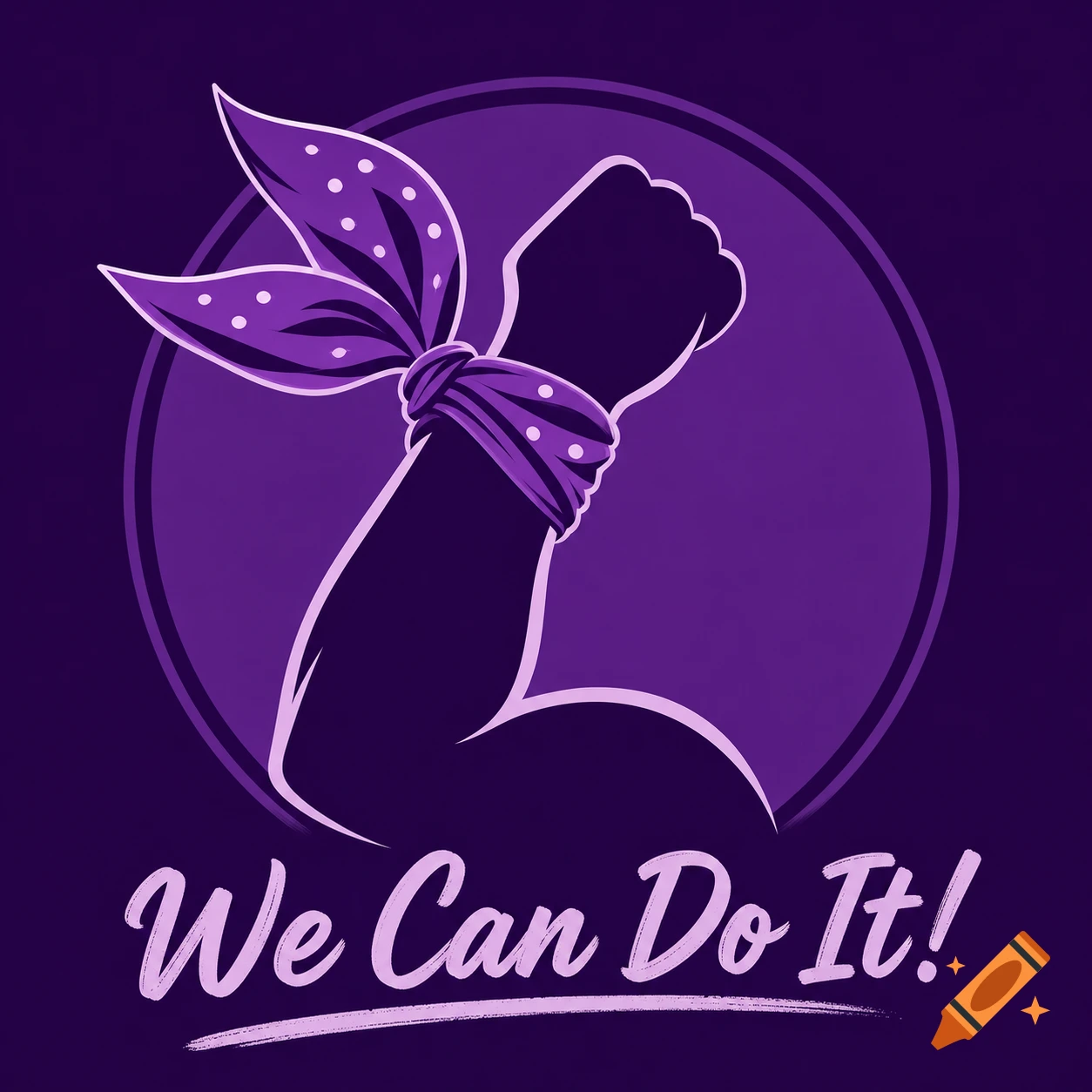 Purple feminist logo featuring a stylized arm with a bandana in a fist, set within a circle, with 'We Can Do It!' text.