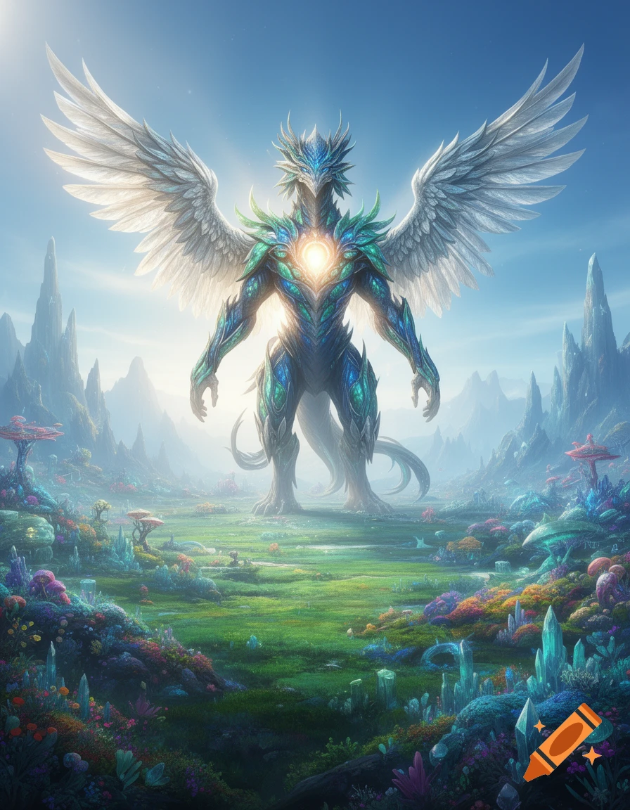 A majestic, winged creature with glowing chest and intricate blue-green scales stands in a vibrant fantasy landscape with colorful flora and crystal formations under a bright sky.