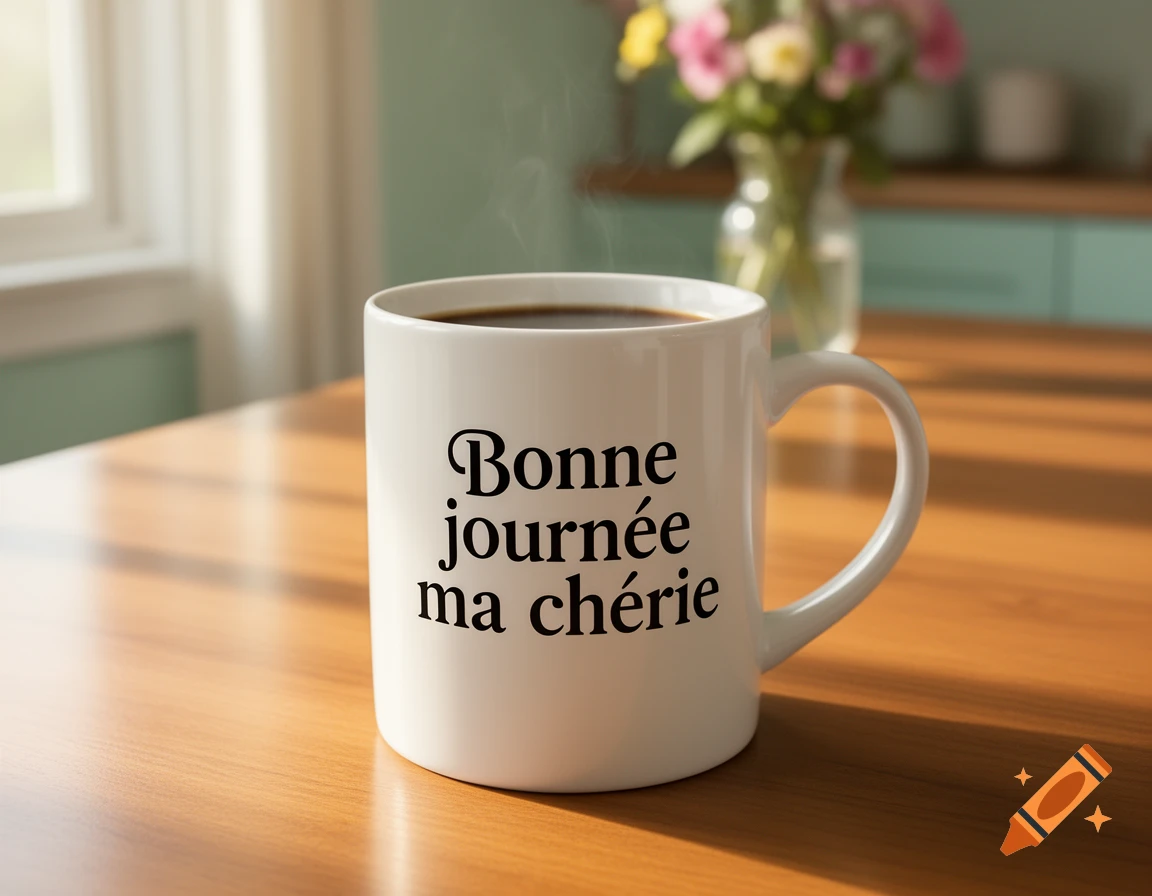 A white coffee mug with "Bonne journée ma chérie" text, steaming with coffee, on a wooden table in a sunlit room.