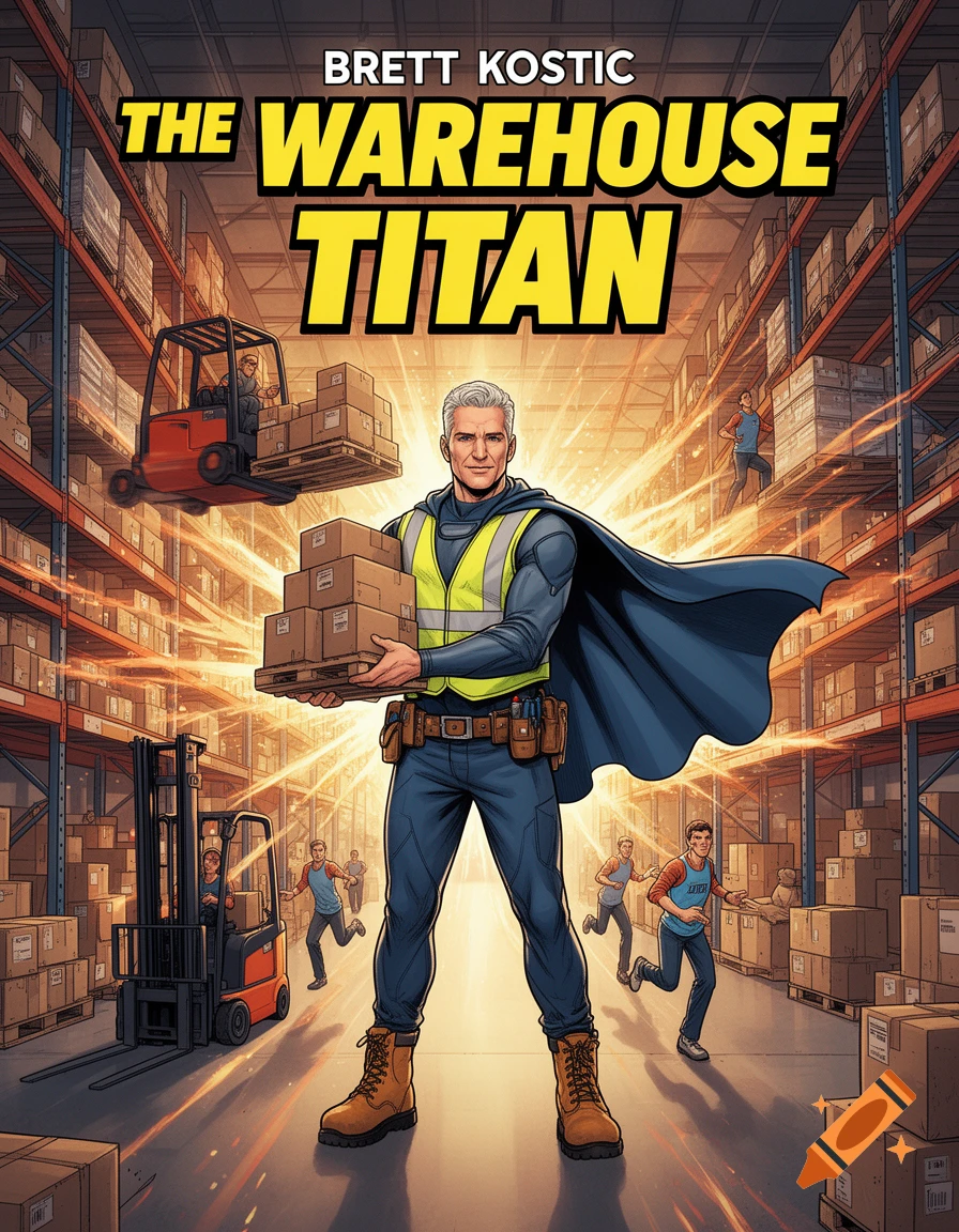 Comic book cover of Brett Kostic, "The Warehouse Titan," a superheroic manager carrying boxes in a vibrant, busy warehouse.