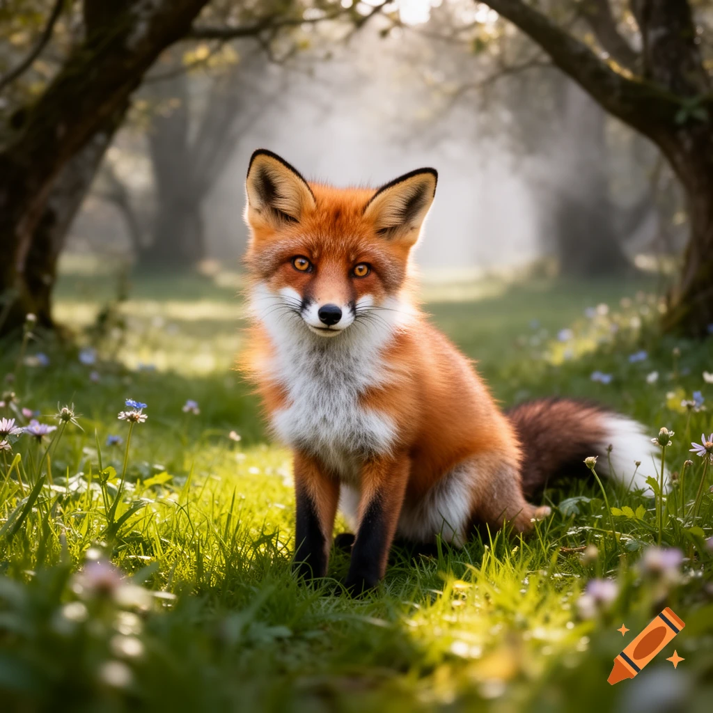 A photorealistic red fox with bright eyes sits attentively in a sunlit grassy forest path among small wildflowers.