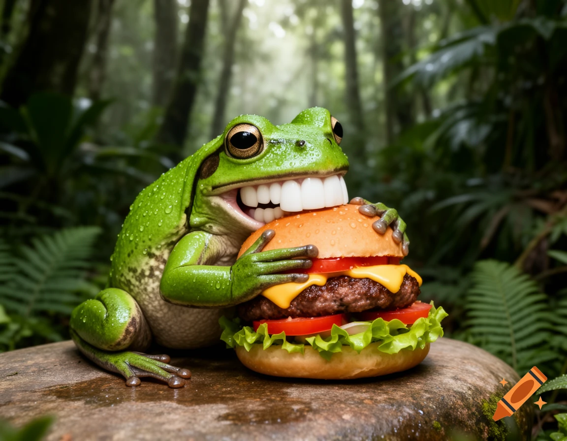 A smiling green frog with big, white teeth holds and eats a large cheeseburger in a lush jungle.