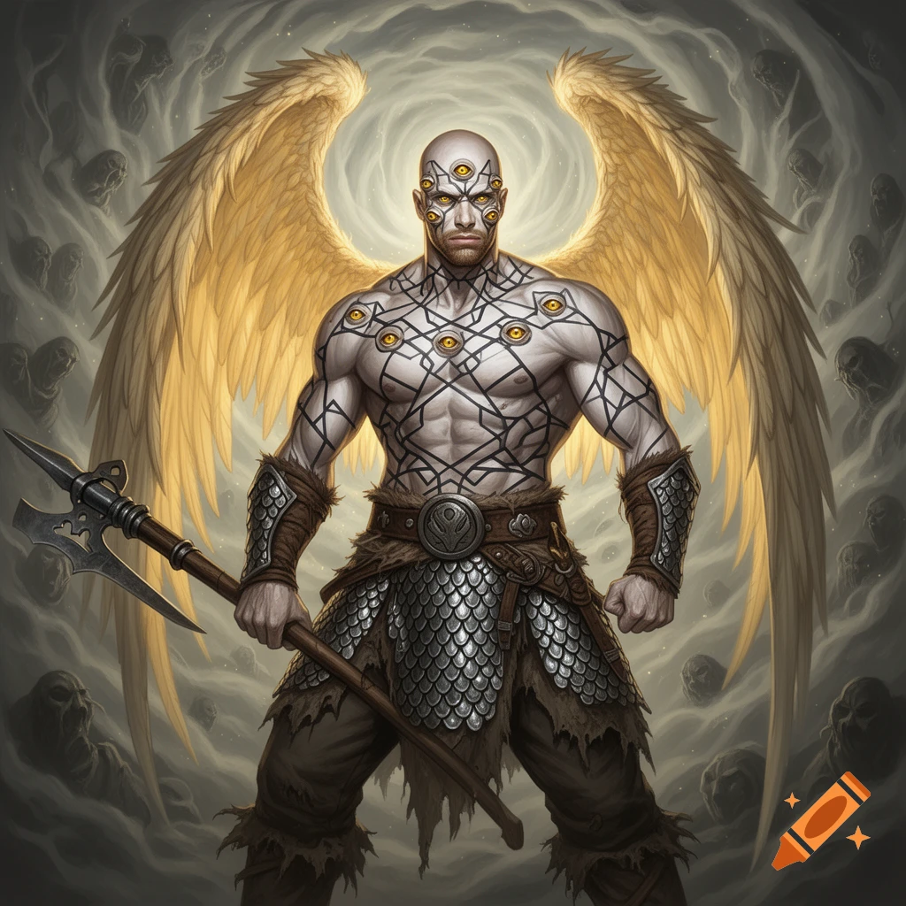 A muscular, bald fantasy barbarian with multiple golden eyes, geometric tattoos, scale mail, and golden wings, holding a halberd, against a cloudy backdrop.