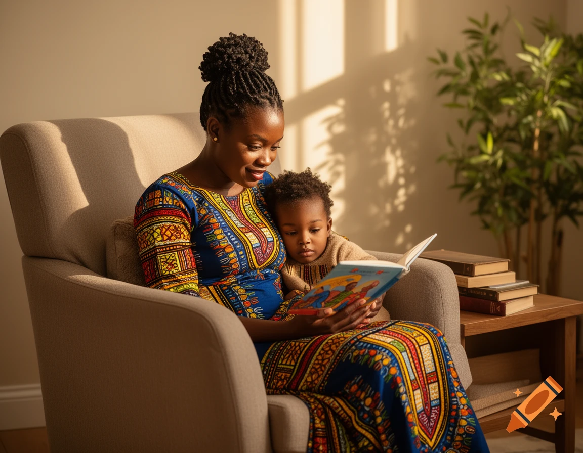 A mother in a colorful patterned dress reads a storybook to her child, sitting in an armchair in warm sunlight.