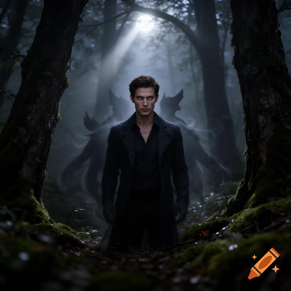 A man with glowing yellow eyes stands in a dark, misty forest under a full moon, with shadowy, winged figures behind him.