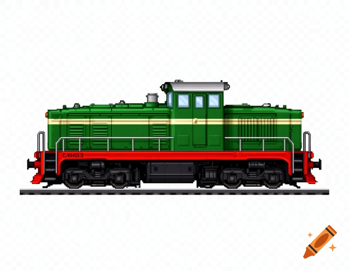 Side view pixel art of a green and red Soviet ChME3 diesel shunting locomotive with a cream stripe on a transparent background.
