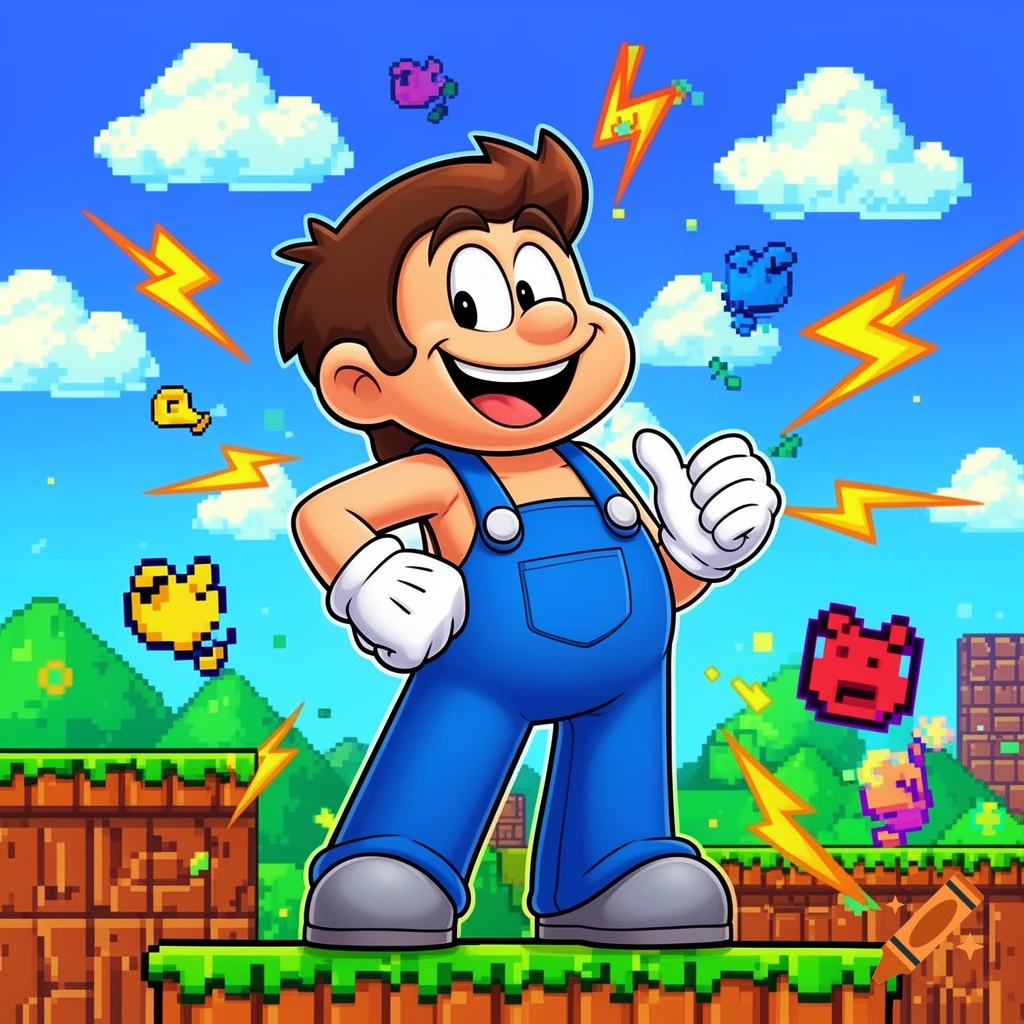 A cartoon man in blue overalls and a white tank top gives a thumbs up in a vibrant, pixelated video game world.