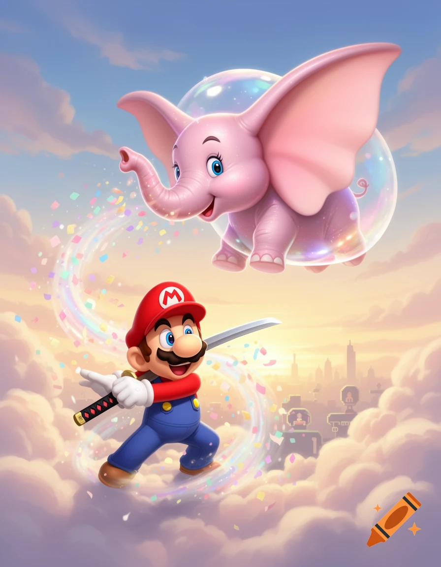 Vibrant cartoon art of Mario with a katana on clouds, below a pink elephant floating in a bubble over a cityscape.