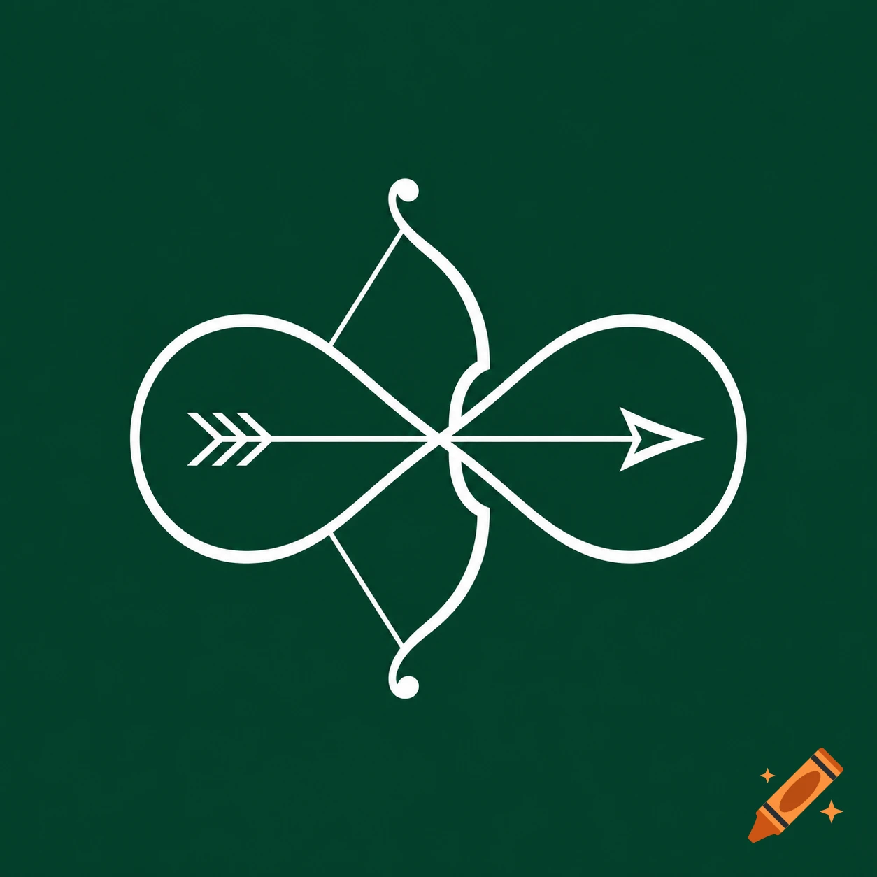 A white line art logo featuring an infinity symbol intertwined with a bow and arrow, on an emerald green background.