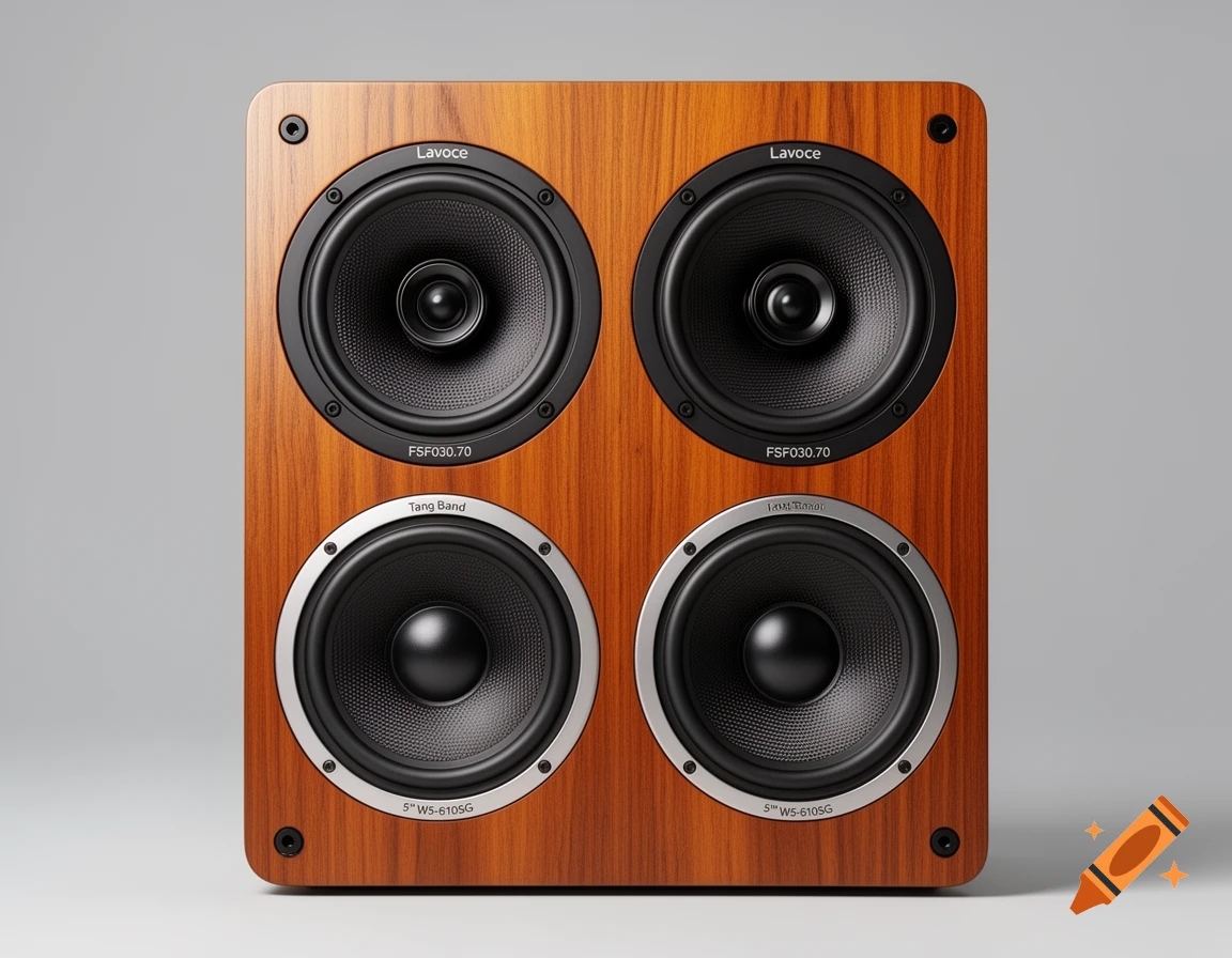 A close-up, front view of a wood-grained speaker cabinet with four black speaker drivers, two labeled "Lavoce" and two "Tang Band".