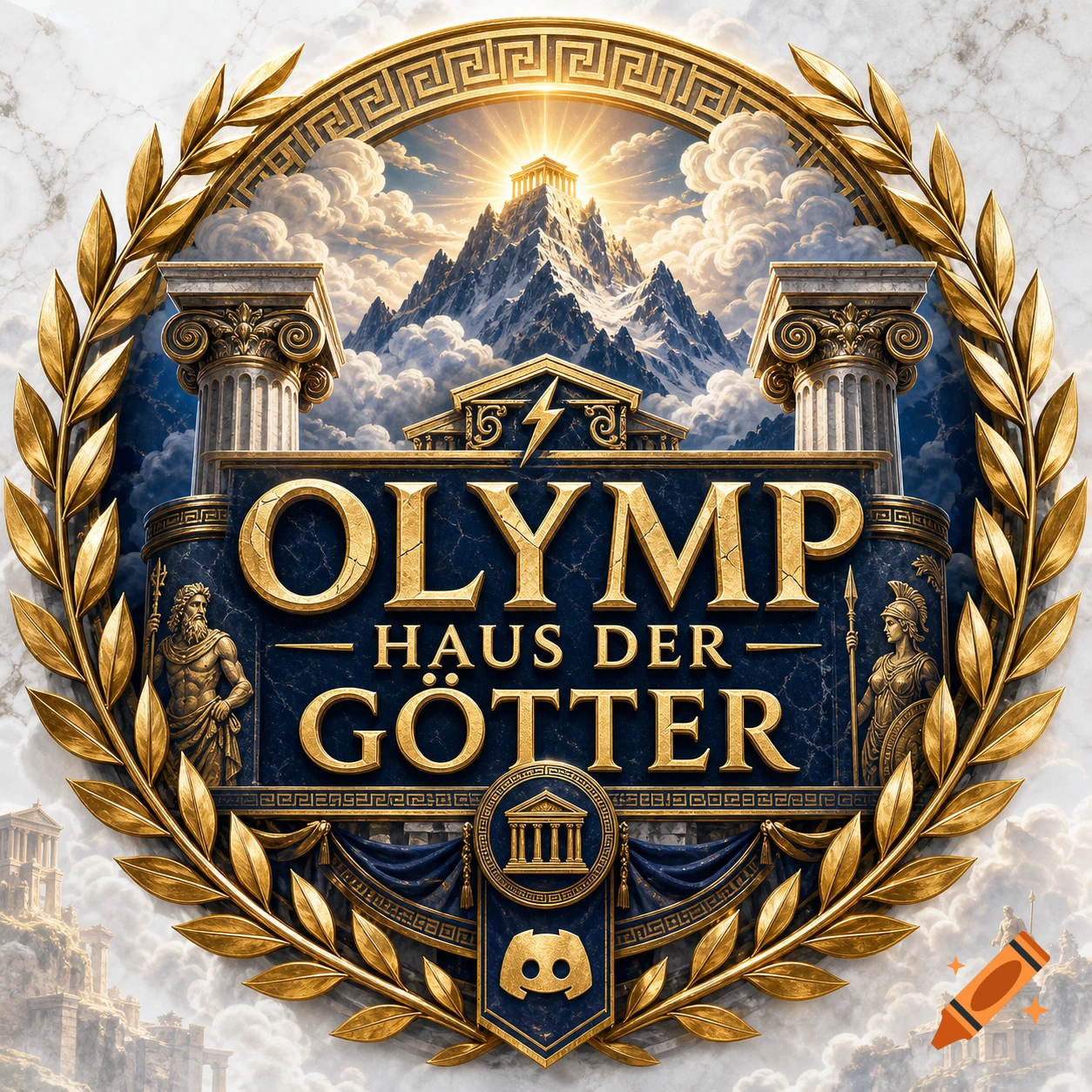 Elaborate gold and blue logo for 'Olymp Haus der Götter' featuring Mount Olympus, classical columns, and a Discord icon.