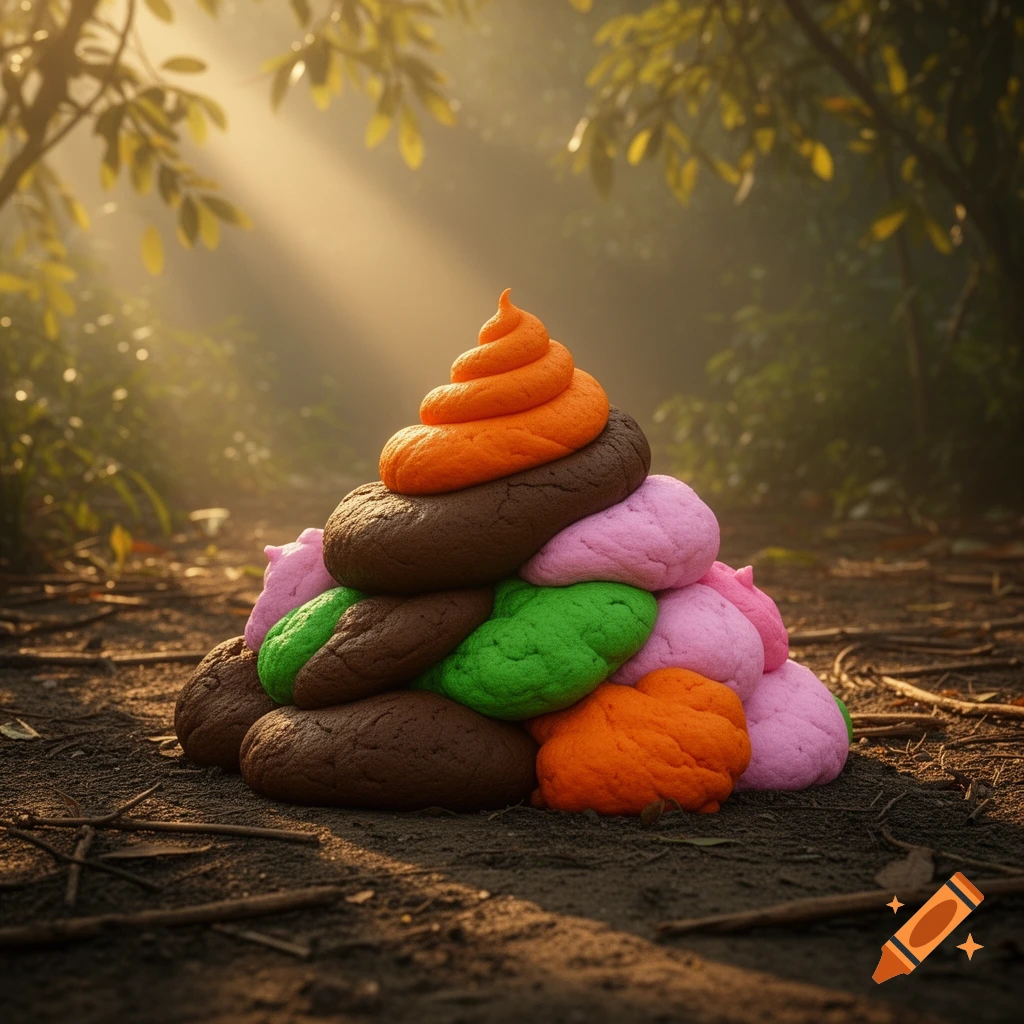 A large, colorful pile of stylized poop in shades of brown, orange, pink, and green, sits on a dirt path in a sun-dappled forest.