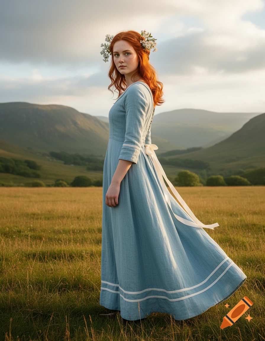 Red-haired woman in a blue dress and flower crown stands in a grassy field with rolling hills under a cloudy sky, photorealistic.