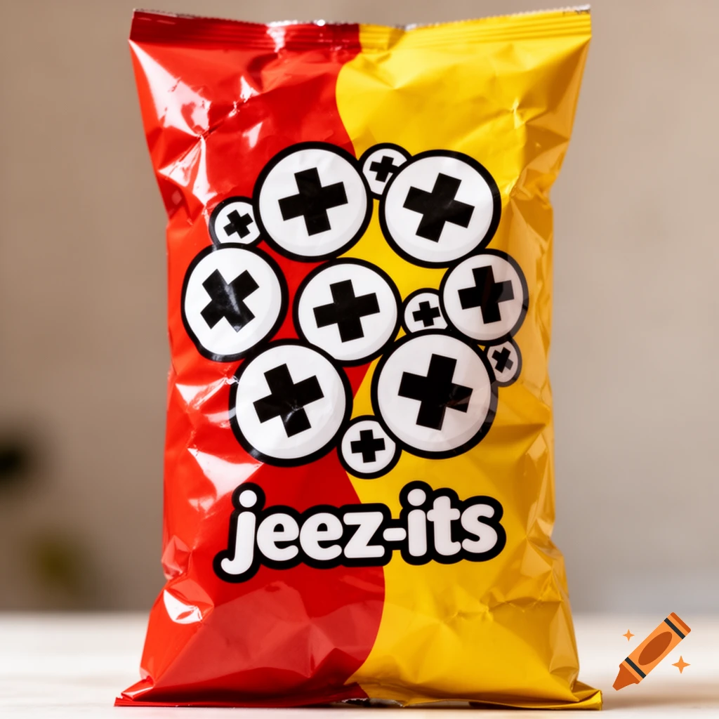A photorealistic red and yellow crisp packet featuring the brand name "jeez-its" and white circles with black crosses.