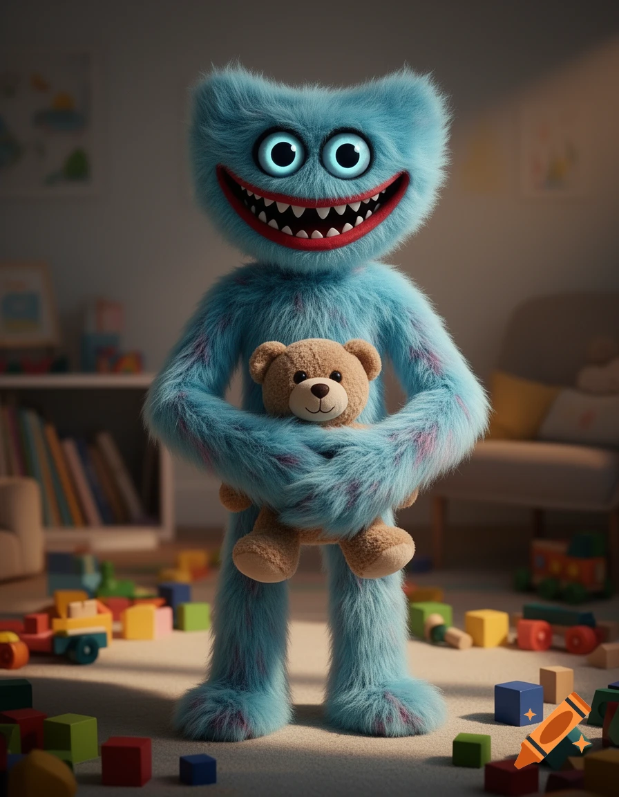 A blue furry monster with glowing eyes and a wide, toothy grin stands in a child's playroom, holding a brown teddy bear.