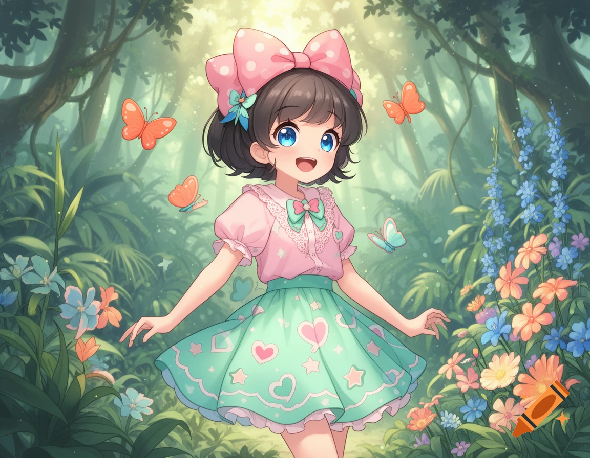 Anime girl in a pink and green kawaii outfit smiling in a whimsical forest surrounded by colorful flowers and butterflies.