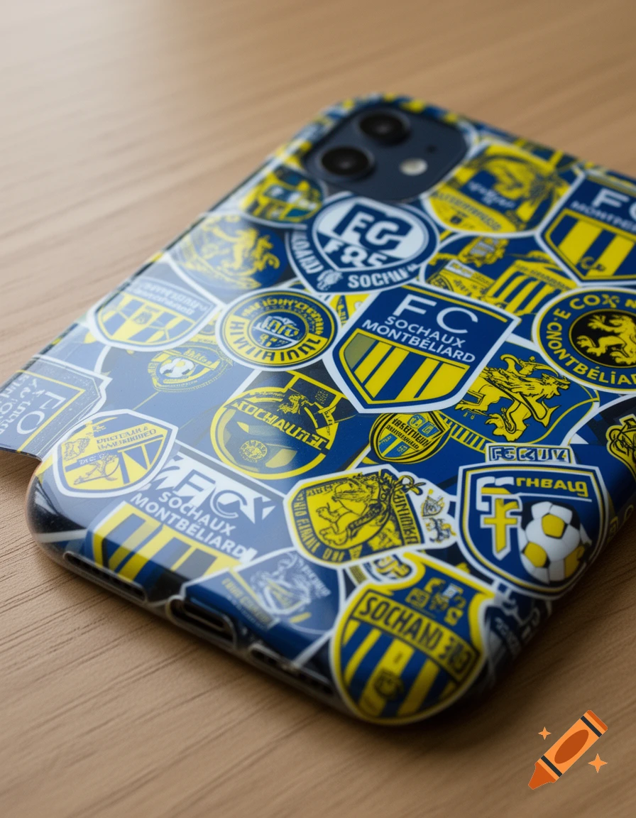 A close-up shot of an iPhone case covered in blue and yellow FC Sochaux Montbéliard football club stickers, lying on a wooden surface.