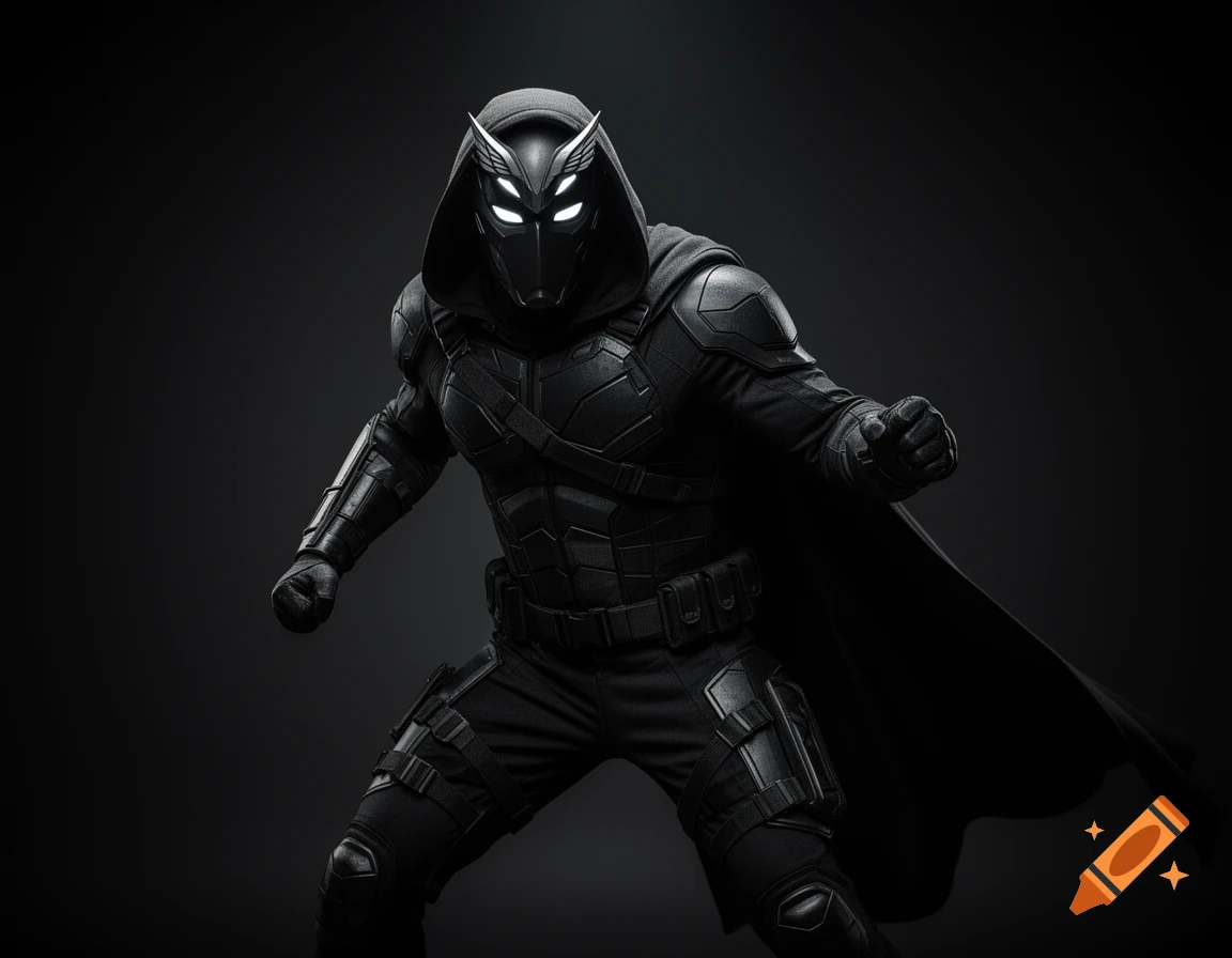 A hooded superhero in a black tactical suit with an eagle-crest helmet and glowing white eyes, posing dynamically against a dark background.