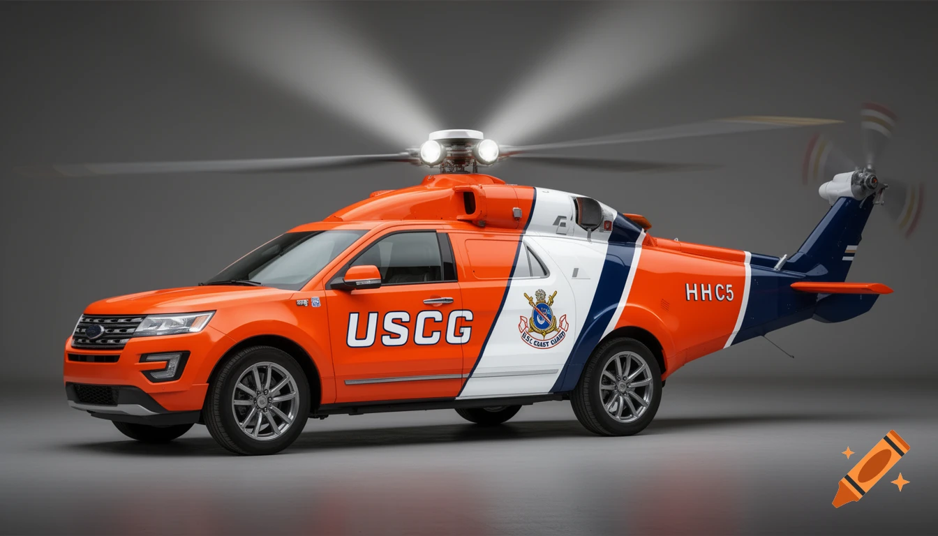 An orange and blue SUV customized to resemble a US Coast Guard helicopter, with a rotor assembly on top and a tail section at the rear, against a gray background.