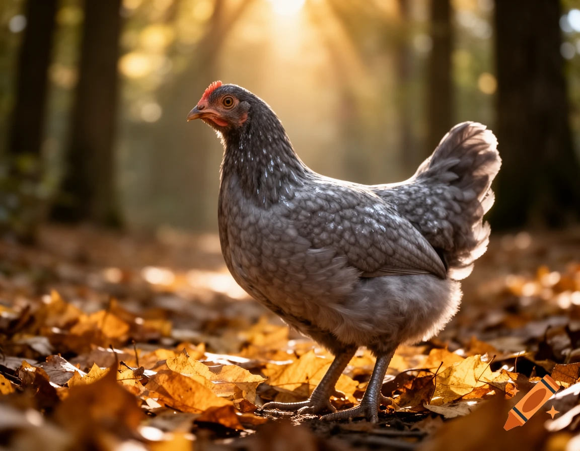 A grey hen with red comb stands among golden autumn leaves in a sunlit forest.