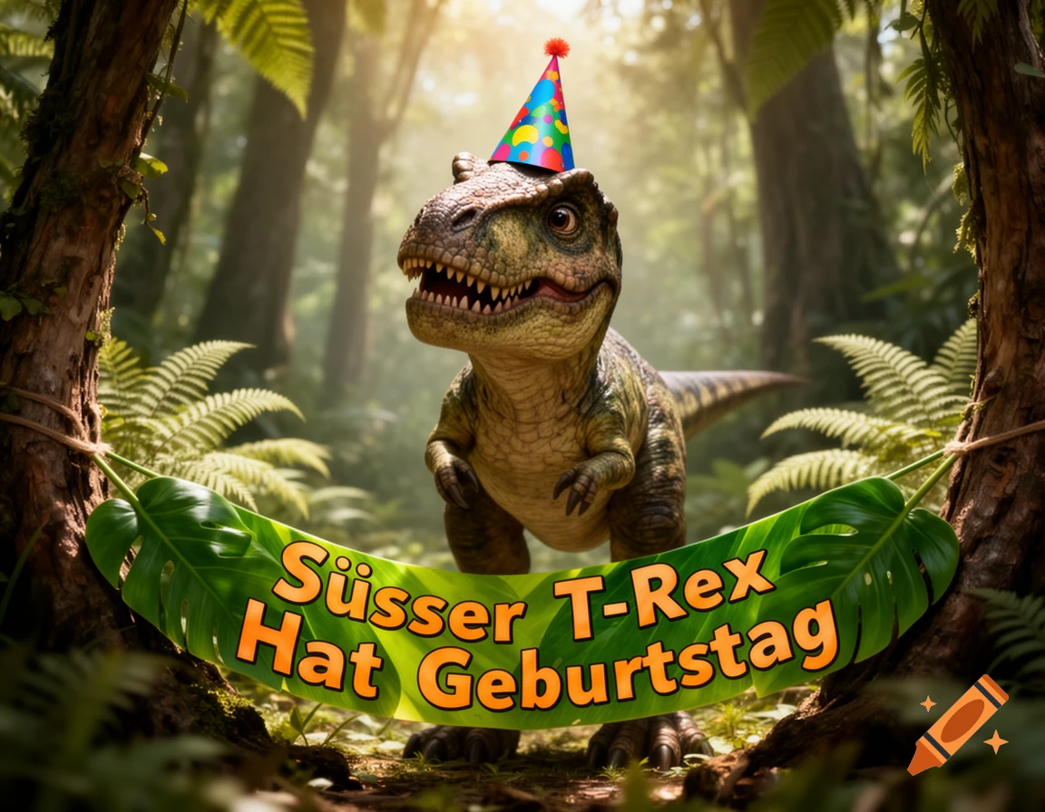 A cute T-Rex in a party hat stands in a jungle, holding a leaf banner with 'Süsser T-Rex Hat Geburtstag' written on it.