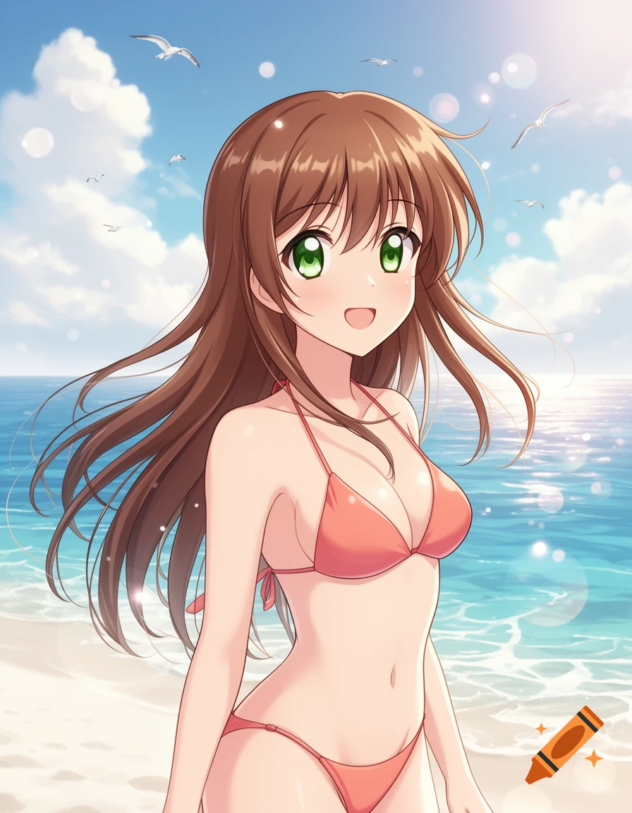Anime girl with long brown hair and green eyes smiles in a red bikini on a sunny beach with seagulls.