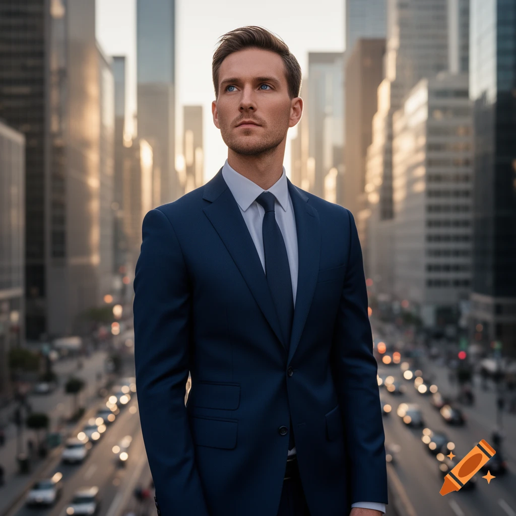 A photorealistic image of a man in a dark suit looking up, standing on a city street with blurred buildings and car lights in the background.