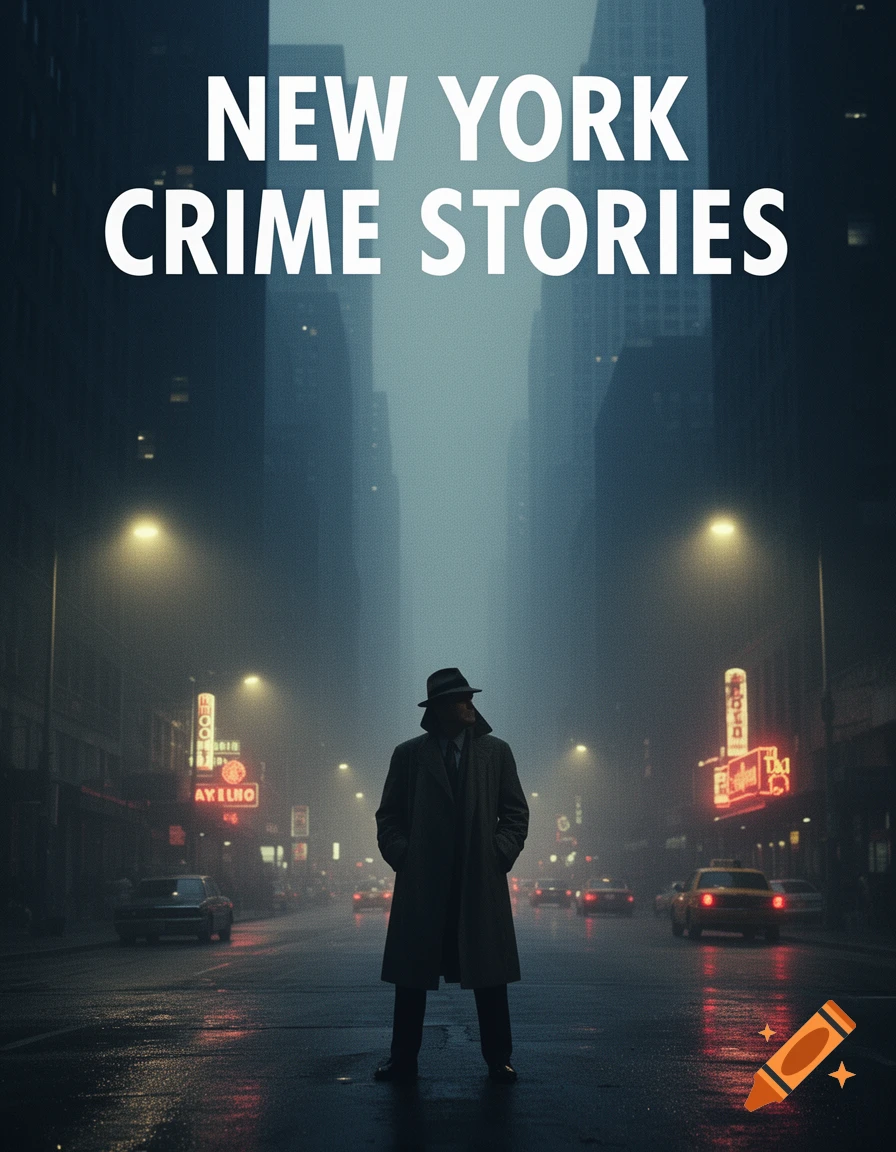 A man in a fedora and trench coat stands on a dark, wet city street at night, with "NEW YORK CRIME STORIES" text.
