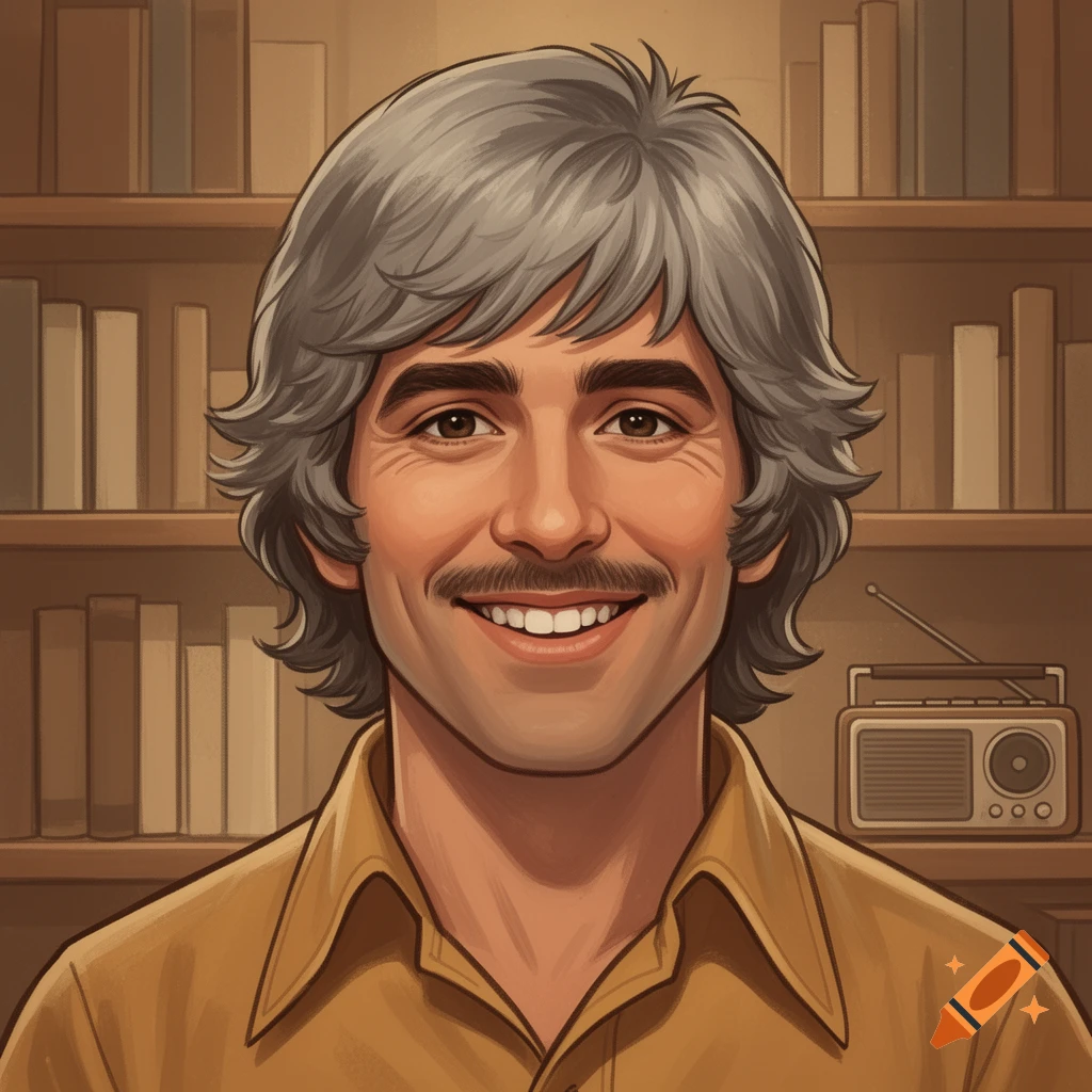 Painterly illustration of a smiling man with gray hair and a mustache in a yellow shirt, in front of a vintage bookshelf with a radio.